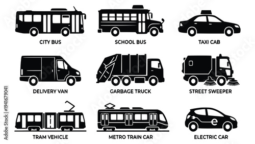 Collection of diverse urban transportation vehicles including buses, trucks, and cars for city commuting and services with various labels for identification.