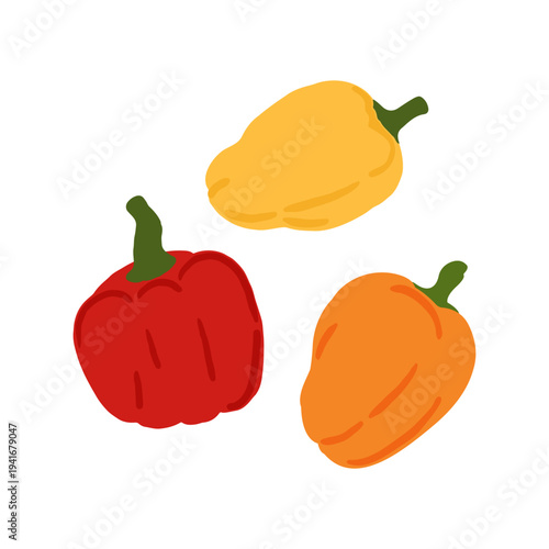 Yellow, orange and red bell pepper vector set. Fresh food icon set isolated on a white background. Capsicum graphic design elements.
