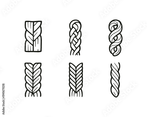 Simple black line icons of six braid and plait styles—twists, plaits, and rope-like strands for hair, rope or pattern design use.