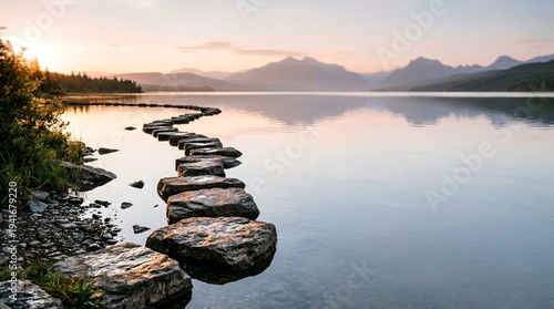 Stepping stones path across calm lake water of journey to success, long term goals achievement and life progress concept