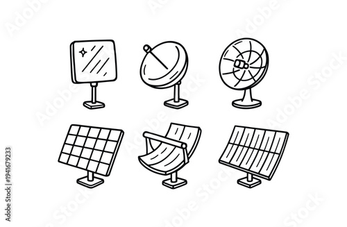 Black line icon set showing solar panels, curved collectors, satellite and dish antennas, and a fan-like reflector — suitable for renewable energy, solar tech, and communications graphics.