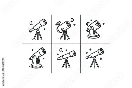 Six simple telescope icons on tripods with moon and stars for astronomy stickers app icons and education labels flat vector icon