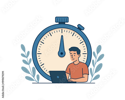 Person at laptop in front of large stopwatch for time management, productivity and deadline tracking — flat vector illustration for business or productivity materials