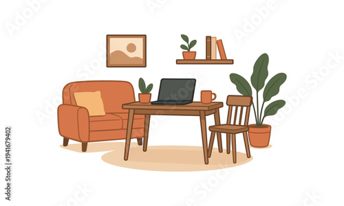 A cozy living room turned workspace with a sofa, wooden table and chair holding a laptop and coffee cup, surrounded by potted plants and wall shelves with books and art. warm colors 