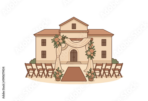 A decorated floral arch and arranged folding chairs set on a red aisle leading to a large manor-style building, designed as an outdoor wedding ceremony backdrop for invitations or banners.