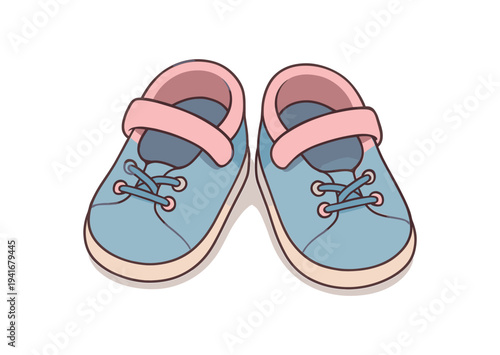 Two small blue canvas baby shoes with pink straps and laces, shown side by side in a clean cartoon style for invitations, product listings, or nursery decor.