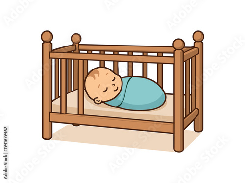 Cartoon infant swaddled in a blue blanket, peacefully sleeping on a mattress inside a wooden crib, suitable for nursery design, baby product art, or parenting materials.