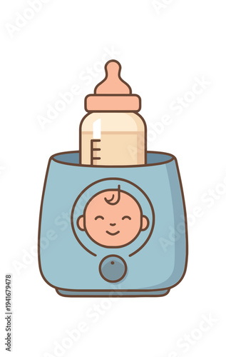 A blue bottle warmer holding a feeding bottle, marked with measurement lines and a smiling baby face on the front, styled in soft pastel colors for parenting and baby care visuals.