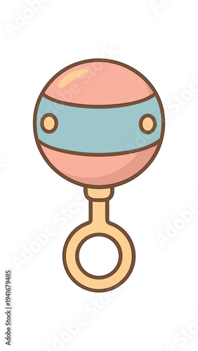 A simple pink and blue baby rattle with a round top and ring handle, drawn in soft colors and clean lines for baby shower invites, product icons, or nursery design.