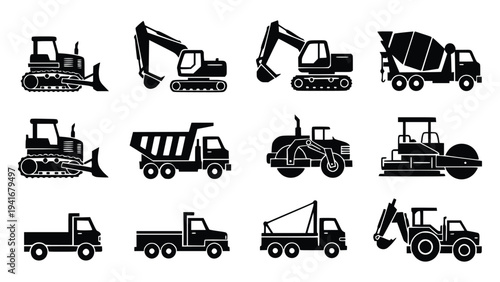 Collection of heavy construction equipment and machinery icons in black silhouettes on a white background showcasing various vehicles used in building and infrastructure projects.