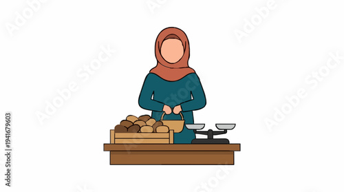 Woman wearing a hijab and teal top stands behind a wooden counter with bread and a scale preparing for a transaction