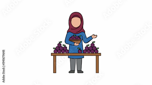 Woman Wearing Blue Tunic and Maroon Hijab Holding Basket of Plums with Stacks of Fruit on Table