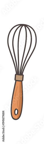 Classic wire whisk with a warm wooden handle shown as a simple colorful flat illustration for cooking, baking, recipe, or kitchen tool graphics.