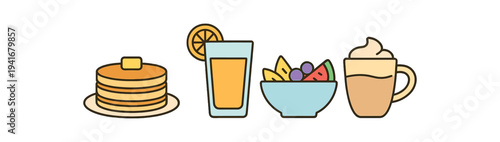 Cheerful flat breakfast icons showing a stack of pancakes, a glass of orange juice with a lemon slice, a bowl of mixed fruit, and a frothy latte cup on a white strip for breakfast menu or header art.