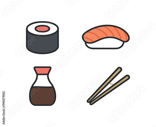 Clean japanese food icons including a tuna maki roll, a salmon nigiri piece, a soy sauce carafe and a pair of chopsticks for menus, apps, or restaurant branding.
