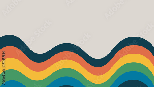 A colorful abstract design featuring wavy lines in a variety of vibrant hues and shades on a neutral background