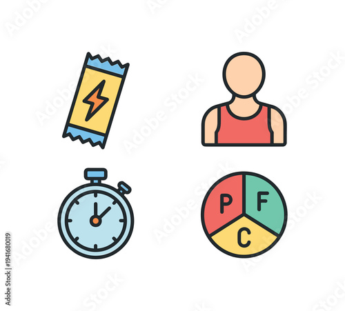 Four workout icons: an energy bar, a person in a tank top, a stopwatch, and a pie chart labeled p f c for protein/fat/carbs — useful for fitness trackers and meal planning tools.