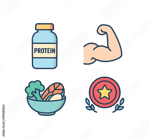 Four colorful fitness and nutrition icons: a protein jar, a flexed bicep arm, a bowl of healthy food, and a round award badge — suitable for app or web health ui.