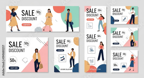 Fashion Sale Ad Templates with Stylish People Illustrations.