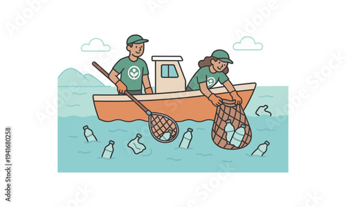 Two volunteers on a small boat scooping plastic bottles and trash from the sea with nets, showing a coastal cleanup effort for environmental outreach.