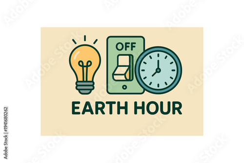 Graphic showing a lit bulb, an off switch and a clock above the text "earth hour" to promote turning off lights and saving electricity for a specific hour.