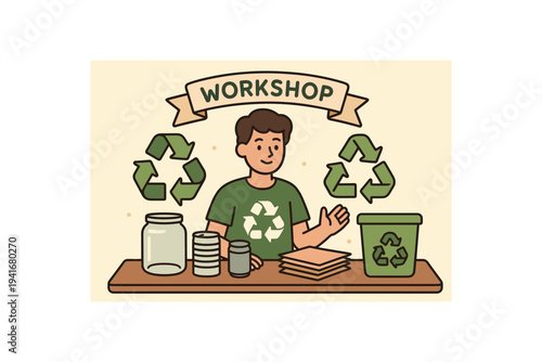 Friendly instructor at a table sorting jars, cans and paper into a recycling bin under a "workshop" banner to teach reuse and recycling skills.