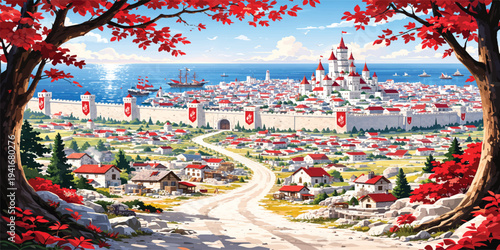 An aerial panorama of a Chinese New Year celebration featuring a decorated Christmas tree in the city square before a historic church under a cloudy summer sky in Barcelona