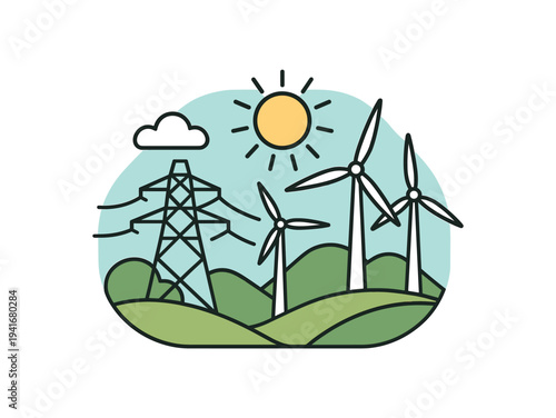 A landscape of green hills with three wind turbines, an electricity pylon, a bright sun and a few clouds representing renewable energy and sustainable power.
