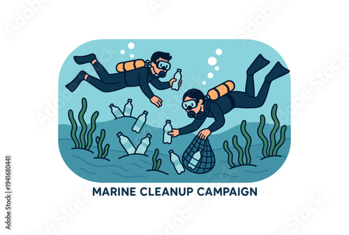 Colorful flat illustration of two scuba divers collecting plastic bottles and debris among seaweed to promote ocean cleanup.