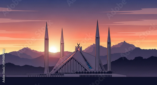 Faisal mosque at sunset with mountains in background islamabad pakistan modern architecture serene landscape
