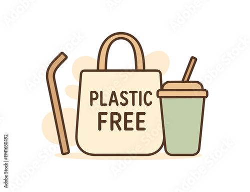 A simple flat illustration of a reusable tote bag that reads "plastic free" next to a takeaway cup with a straw, promoting zero-plastic habits and sustainable alternatives.