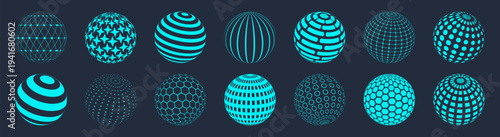 Abstract geometric sphere icons collection. Futuristic globe shapes made from lines, grids, hexagons and dots. Technology themed vector elements