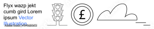 Transportation, finance, weather, urban planning, traffic safety, economy. Minimal design with traffic light, pound symbol cloud outline. Transportation and finance concepts clearly