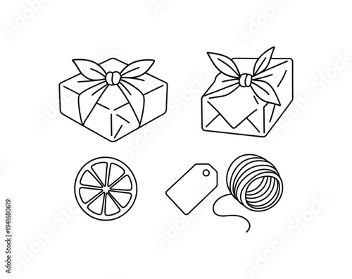Black outline vector icons of two wrapped gifts with bows, an envelope-style wrapped box, a citrus slice, a price tag, and a ball of twine — useful for gift wrap, craft, or packaging design projects.
