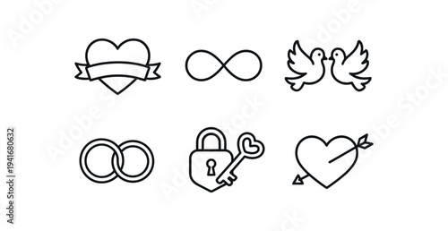 A minimal set of six black line icons for love and wedding themes: heart with banner, infinity symbol, pair of doves, wedding rings, padlock with key, and heart pierced by an arrow, 