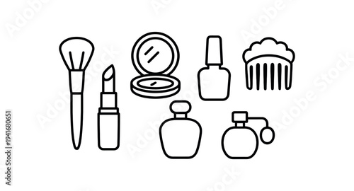 Clean line-art icons for beauty and personal care: makeup brush, lipstick, compact mirror, nail polish bottle, hair comb, and assorted perfume bottles, ideal for salon menus, apps, labels, and print.
