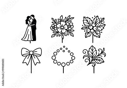 Black line icons of wedding toppers and florals including a kissing couple, various bouquet and leaf designs, a bow and a pearl circle for cake or card decorations.
