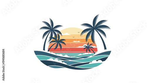 Illustration of a tropical sunset with palm trees and ocean waves on a white background