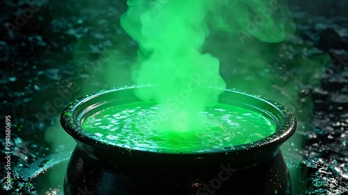 Green liquid bubbling in cauldron