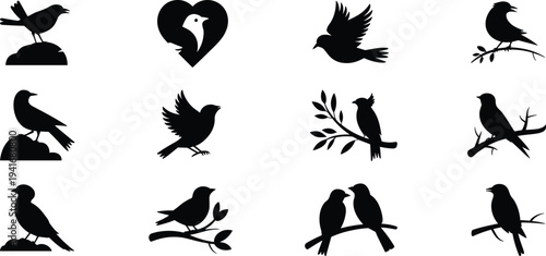 Bird silhouette collection flying perched birds on branches wildlife nature bird icons isolated on white background vector illustration