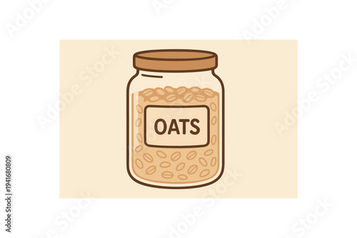 Glass jar of oats with labeled lid on beige background for pantry label or food packaging design flat vector illustration