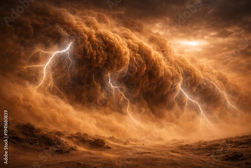 Surreal sandstorm with lightning inside the dust clouds, glowing electric veins cutting through swirling sand, dramatic sky, dark fantasy mood, hyper-detailed textures, epic sci-fi realism.