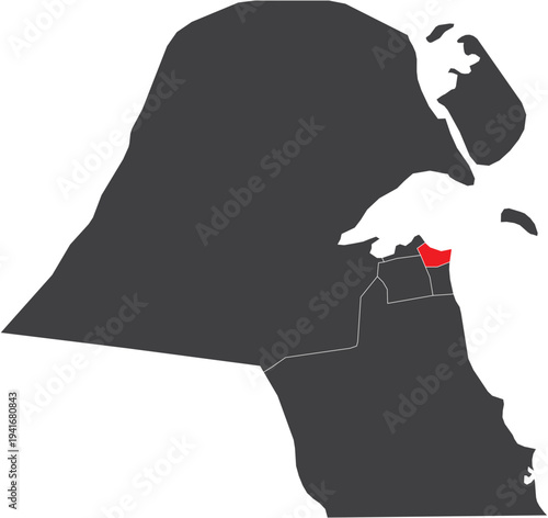 Hawalli Governorate on Map of Kuwait Silhouette with Regions Vector Illustration