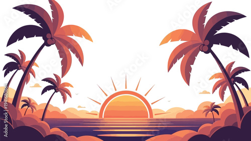 Illustration of a vibrant sunset scene with palm trees on a tropical beach against a bright orange and pink sky.