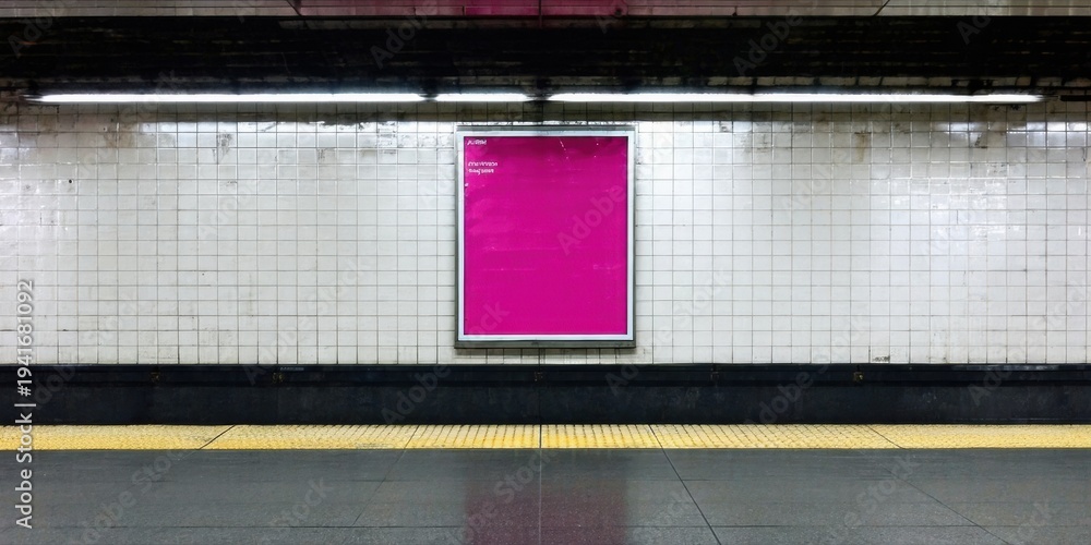 Fototapeta premium Subway station interior. Empty platform, tiled walls, bright pink poster dominates center. Dim lighting creates stark contrast. Minimalist scene.