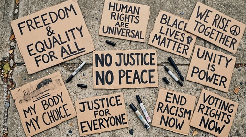 Protest signs promoting equality and justice for Black History Month  