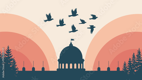 A serene illustration of a government building at sunset with birds flying overhead