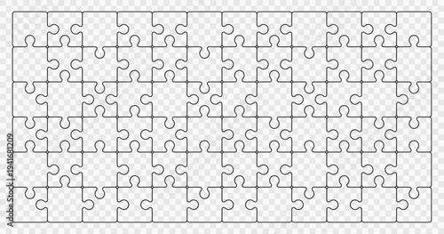 Jigsaw puzzle grid template outline. Connected puzzle pieces forming rectangular layout isolated on transparent background