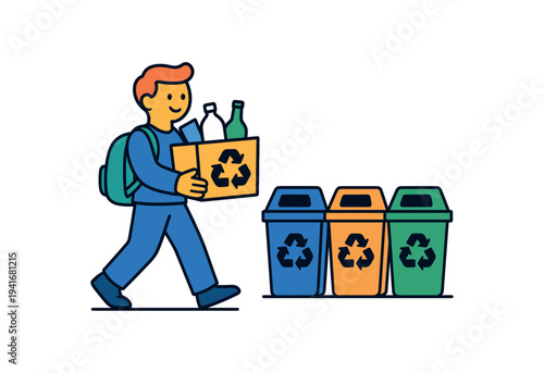 A smiling person walking with a cardboard box of recyclable bottles and containers toward a row of three color-coded recycling bins, ideal for community or eco awareness artwork.