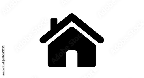 A minimalist, modern, flat, black silhouette of a house with a chimney and peaked roof on a white background, symbolizing real estate, property, or architecture in a simple artistic style.